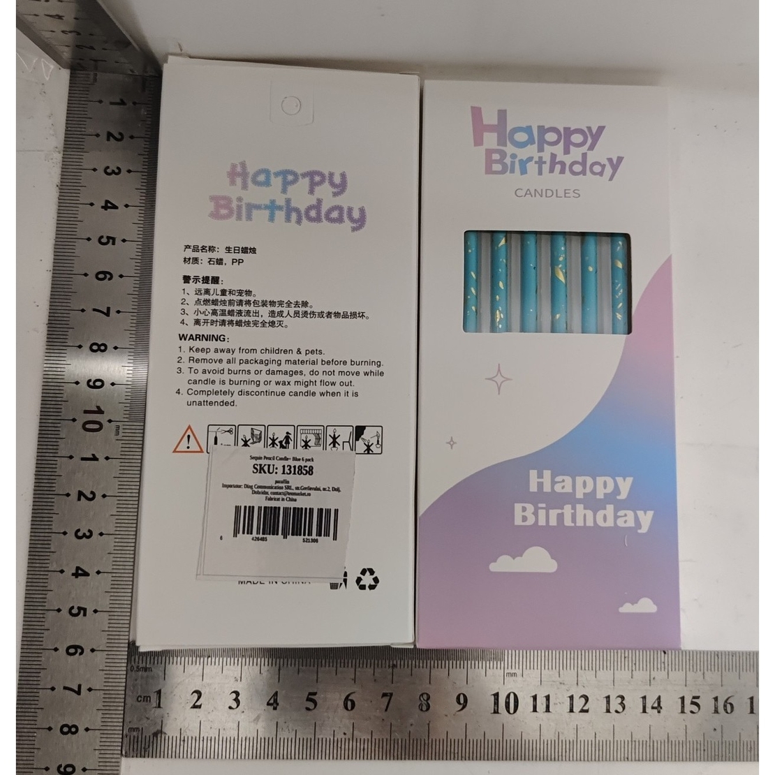 Set 6 Lumanari Lungi, Flippy, din Parafina, 10 x 0.5 cm, Happy Birthday, Albastru