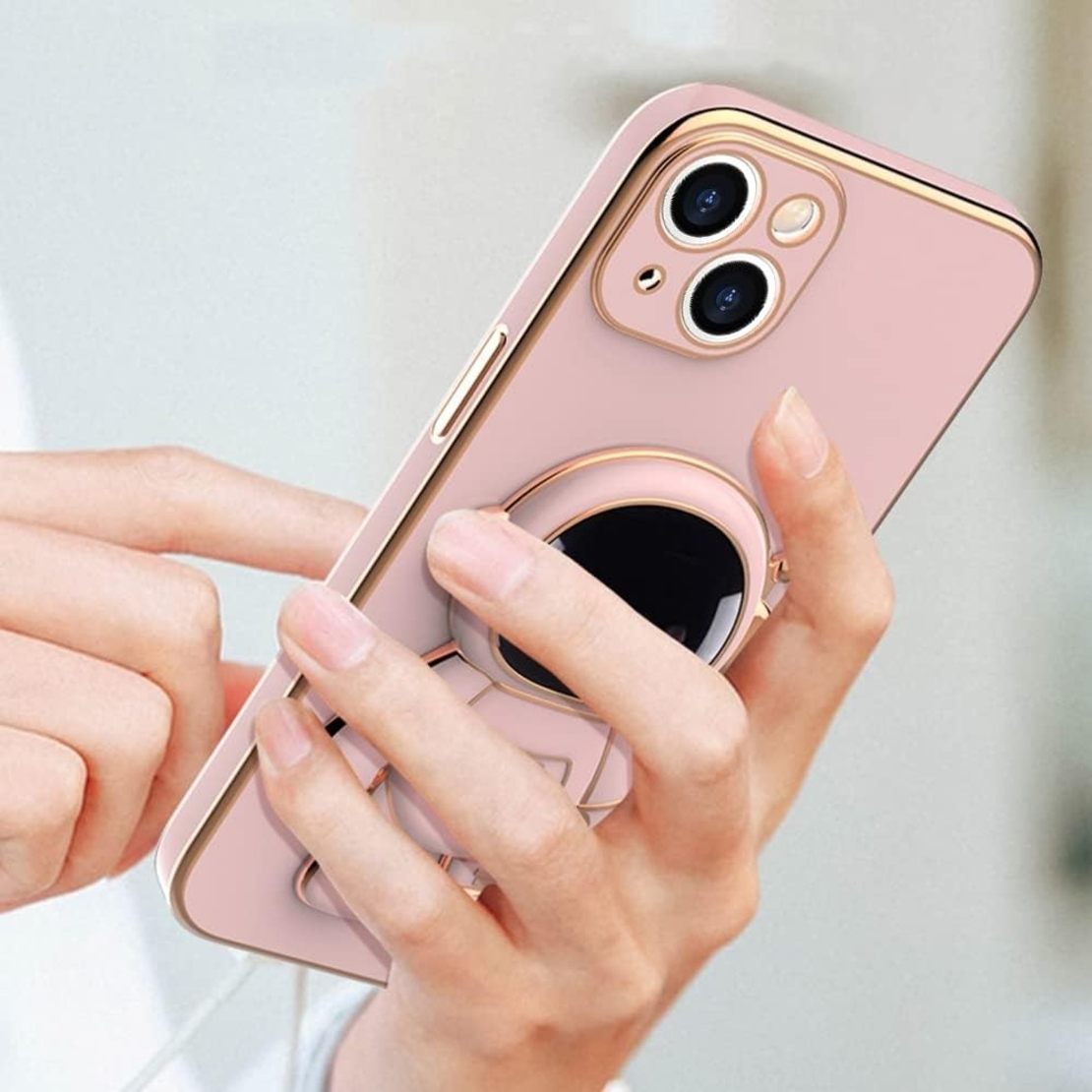 Husa de Protectie TPU 2in1, Flippy, pentru Apple iPhone 15, Astronaut cu Suport, Antisoc, Rezistenta la Impact, Protectie Camera, Roz