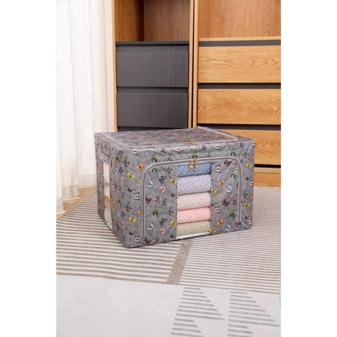 Cutie Depozitare, Flippy, 66L, din Material Textil, 50 x 40 x 33 cm, pentru Haine si Lenjerii, Model Fluturasi, Gri Inchis