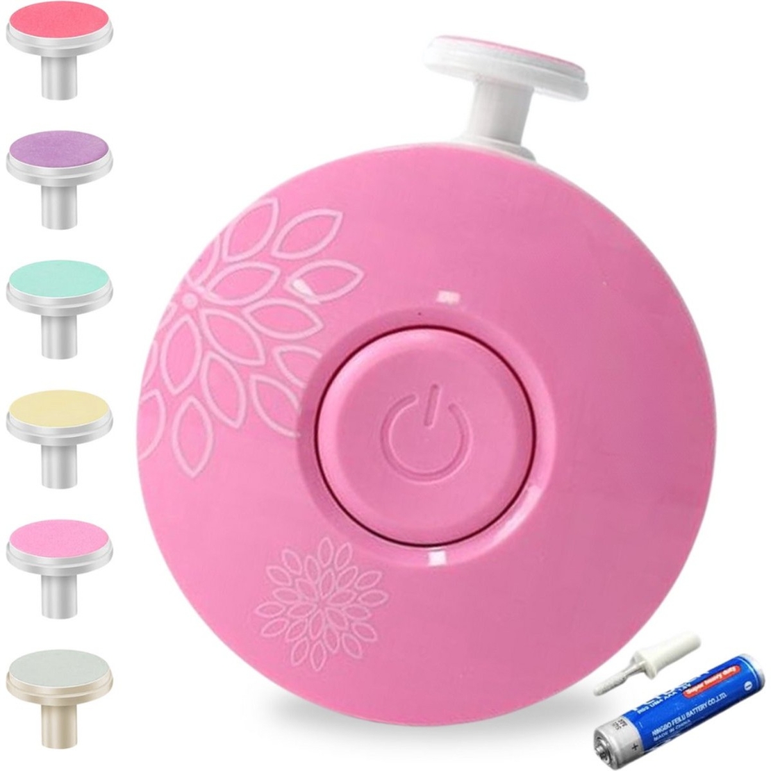 Set Pila Electrica cu Baterie, Flippy, pentru Copii si Bebelusi, din ABS, 6 Accesorii, Model cu Flori, 6.5 x 1.8 cm, Roz