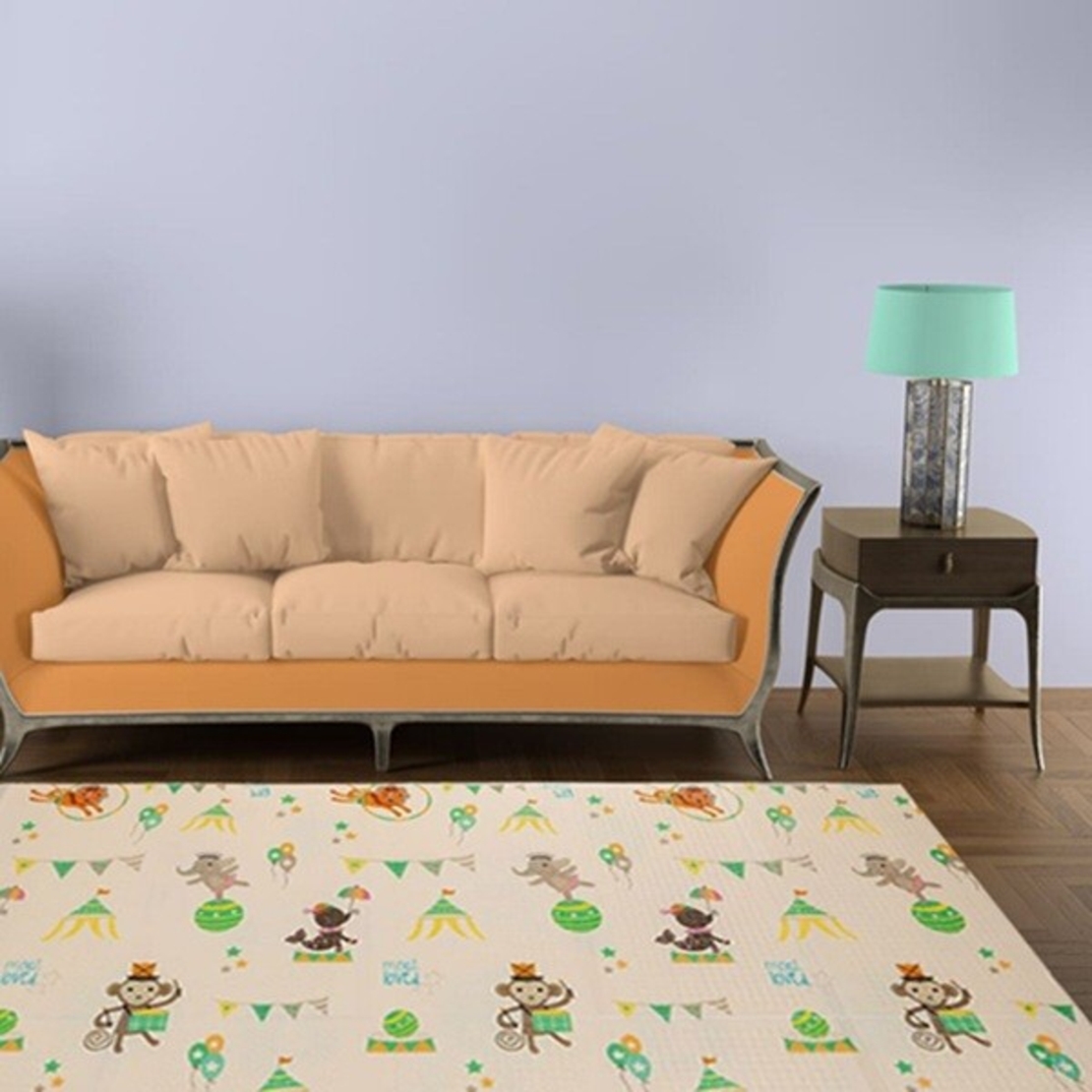 Covoras pentru Copii, Flippy, cu 2 Fete, Model Caprioare/Circ, din XPE+PE, Impermeabil, Antiderapant, Protectie Termica, +3 Luni, Pliabil, 150 x 200 x 1 cm, Multicolor