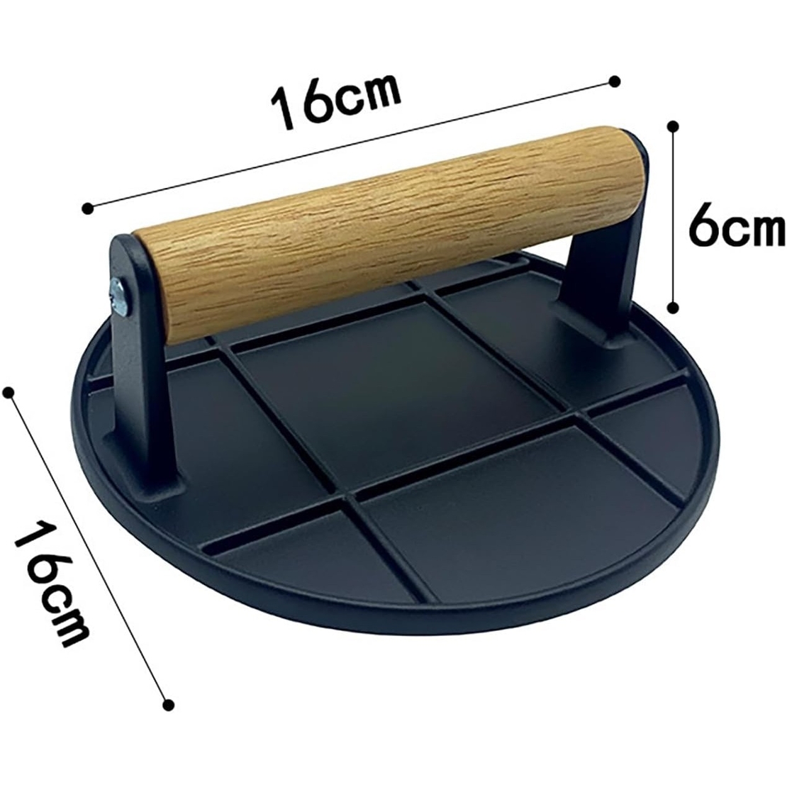 Presa Manuala pentru Carne, Flippy, din Aliaj de Aluminiu, Maner din Lemn, Presa pentru Burgeri, Usor de Curatat si Folosit, Rotunda, 16x16x6 cm, Neagra