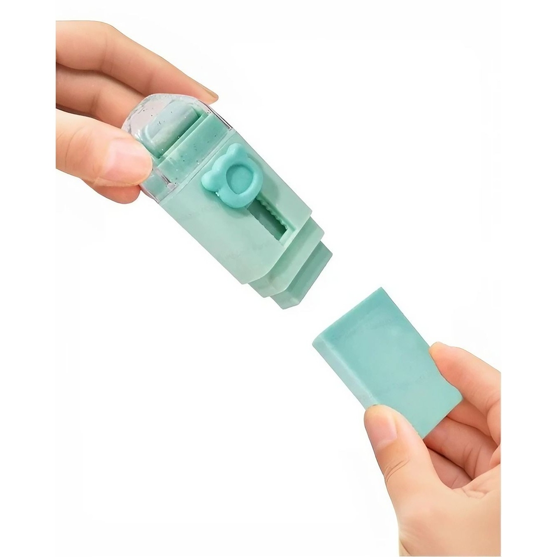 Radiera Retractabila, Flippy, Model Ursulet, Reglare Push-Pull, Radiera de tip Push, Doua Radiere de Rezerva in set din Cauciuc, Verde deschis