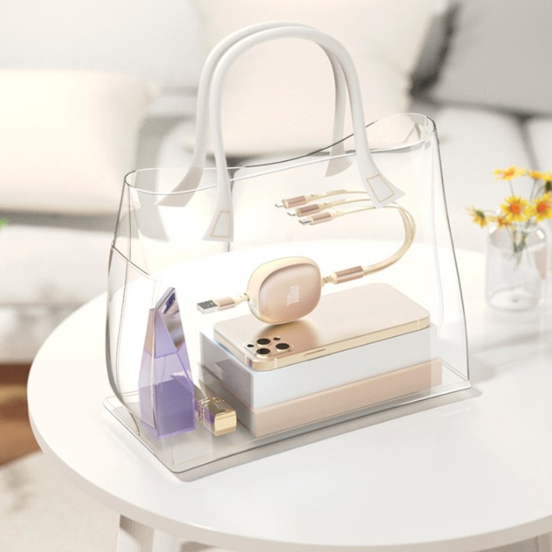 Cablu Retractabil Universal pentru Telefon, Flippy, Universal 3in1 pentru Orice Tip de Telefon, Micro-USB, Lightning, TYPE-C, 1.2M, Bej