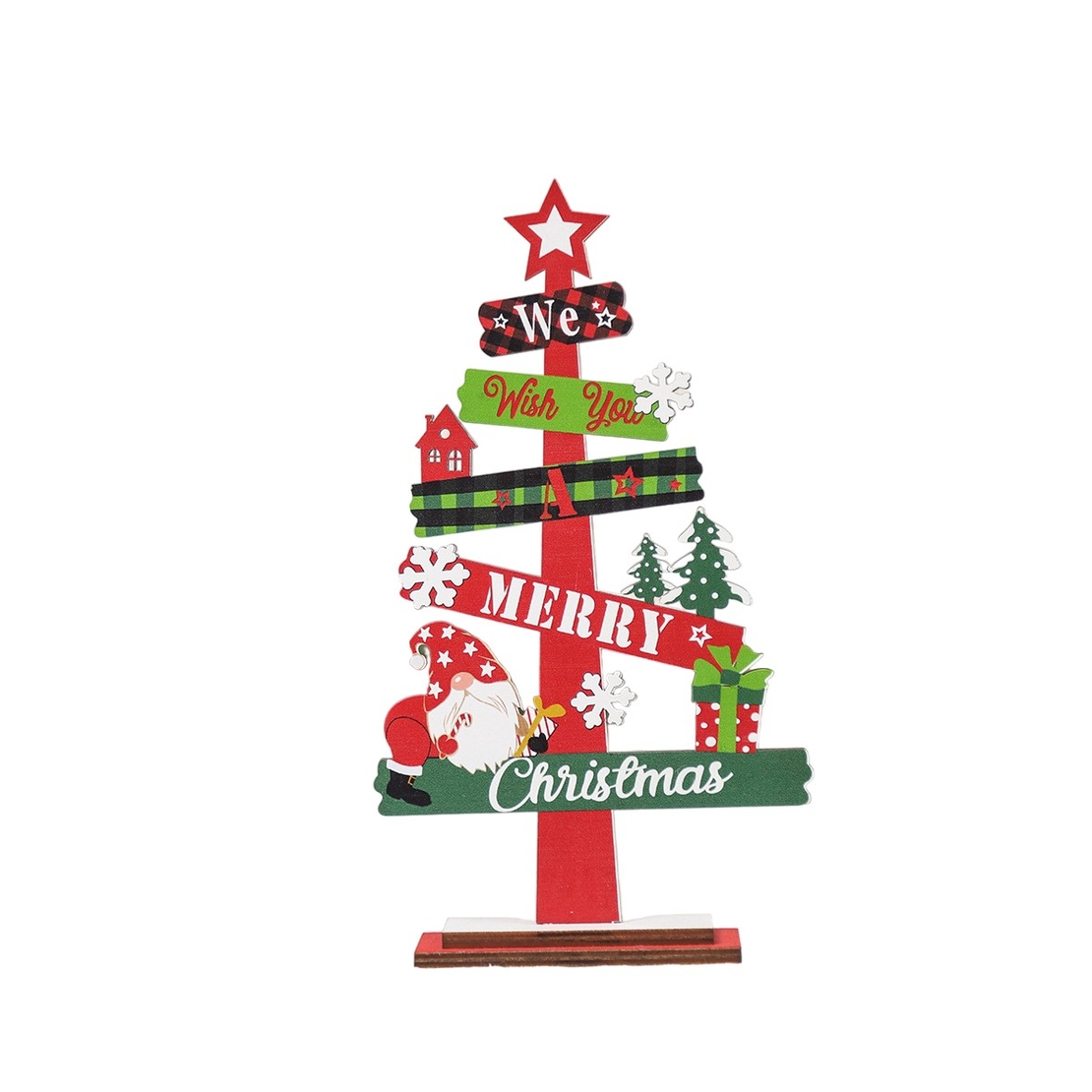 Decoratiune de Craciun din Lemn, Flippy, pentru Masa, Model Bradut, Scris We Wish You A Merry Christmas, 21.5x12.2x4 cm, Multicolor