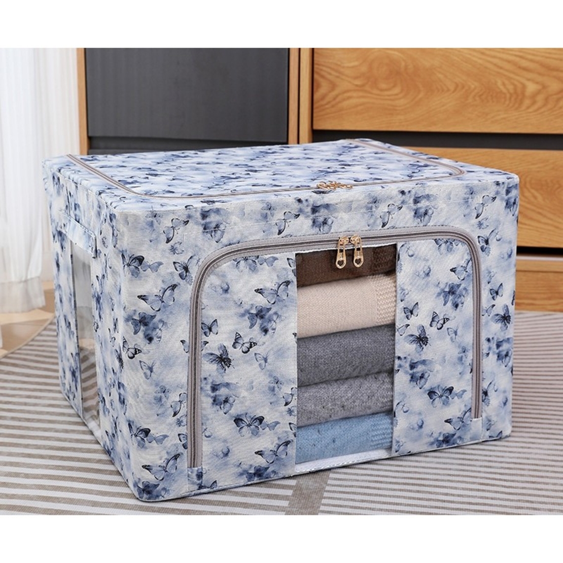 Cutie Depozitare, Flippy, 66L, din Material Textil, 50 x 40 x 33 cm, pentru Haine si Lenjerii, Model Fluturasi, Albastru