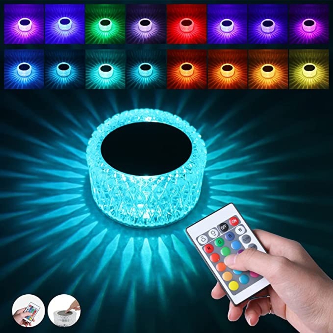Lampa LED RGB 16, Flippy, 3 Nivele de Intensitate, Incarcare USB, 3W, Cristal Acrilic, 6x12 cm, Telecomanda, Transparent