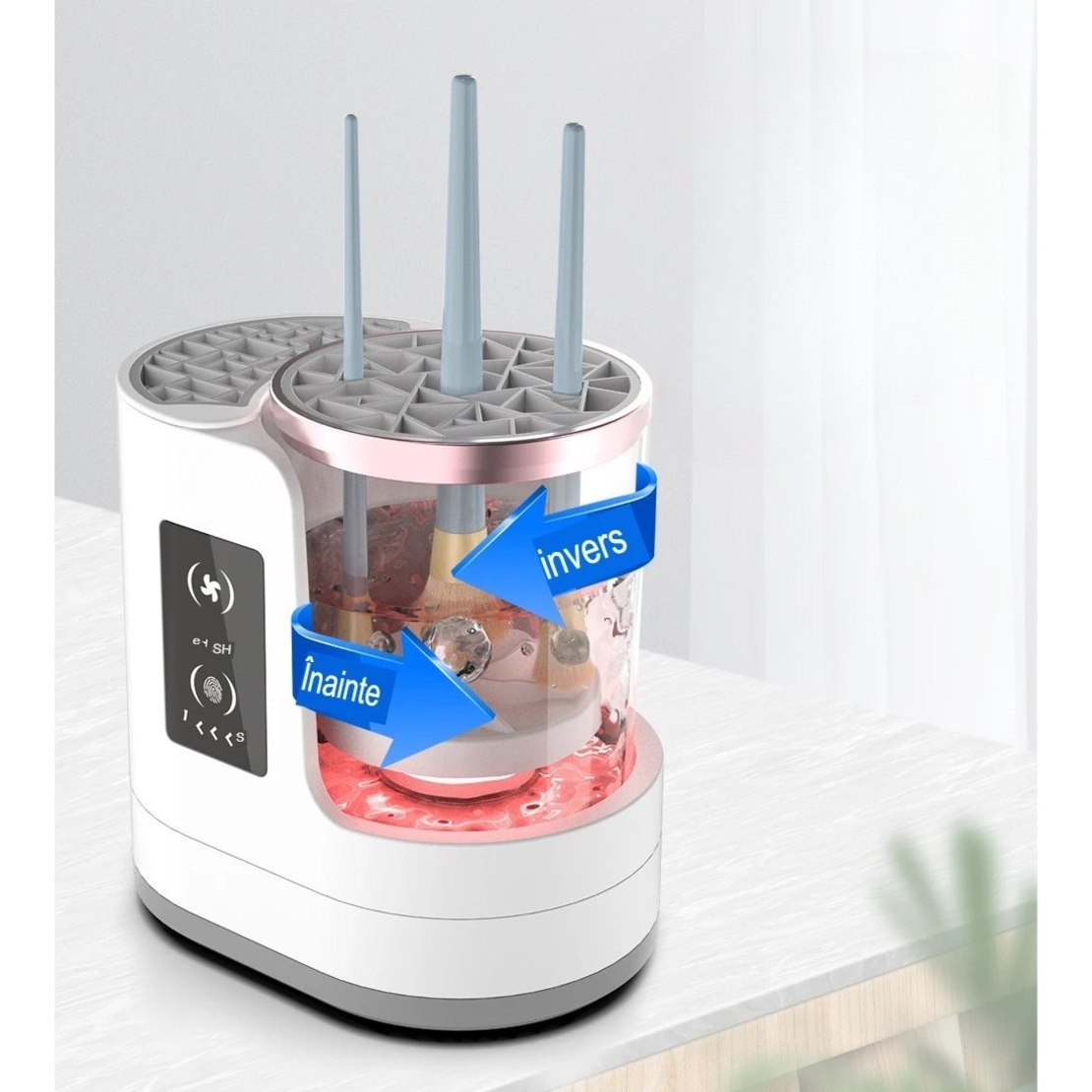 Dispozitiv Portabil de Curatare a Pensulelor de Machiaj, Flippy, cu Functie de Uscare, 5V, 850RPM, Cablu 1.2 m, 17.3 x 12.1 x 17.5 cm, Alb