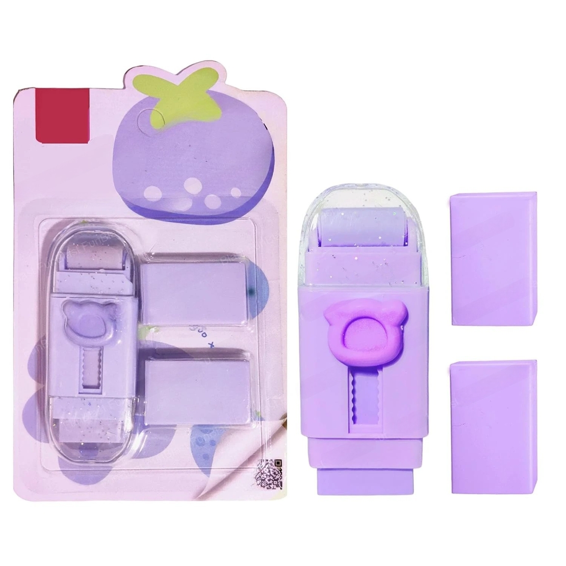 Radiera Retractabila, Flippy, Model Ursulet, Reglare Push-Pull, Radiera de tip Push, Doua Radiere de Rezerva in set din Cauciuc, Mov