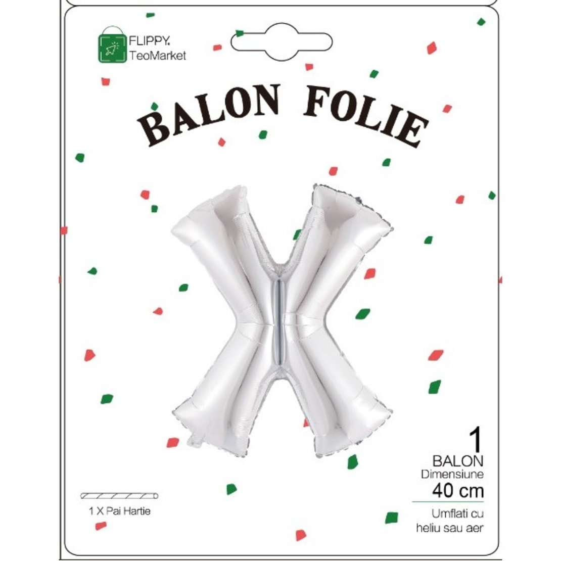 Balon Folie Metalizata Litera X, Flippy, 40 cm, Umflati cu Heliu sau Aer, Ambalaj Individual, Pai inclus, Argintiu