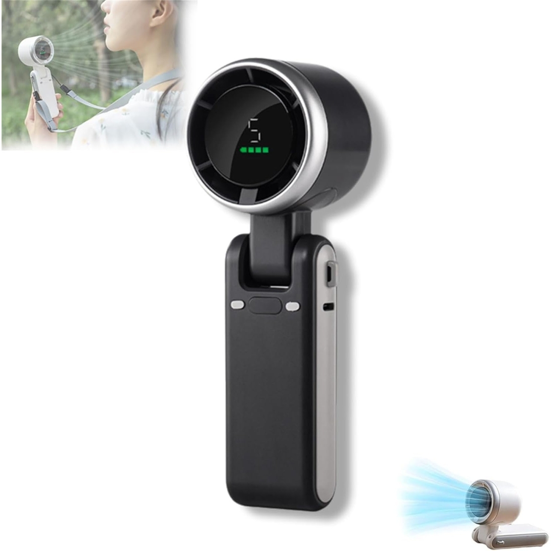 Mini Ventilator Portabil, Flippy, 5 Trepte de Viteza, Afisaj Digital, Incarcare USB, 5V, 2A, 5.95 x 5.2 x 17.2 cm, Negru