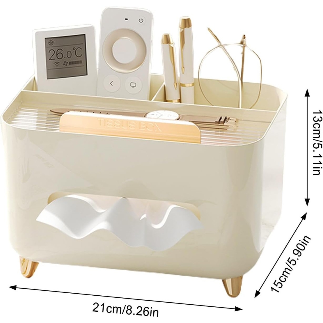 Suport pentru Servetele, Flippy, Cutie Multifunctionala, Design Minimalist, ABS, cu Suport pentru Obiectele Personale, pentru Birou, 21x15x13 cm, Crem