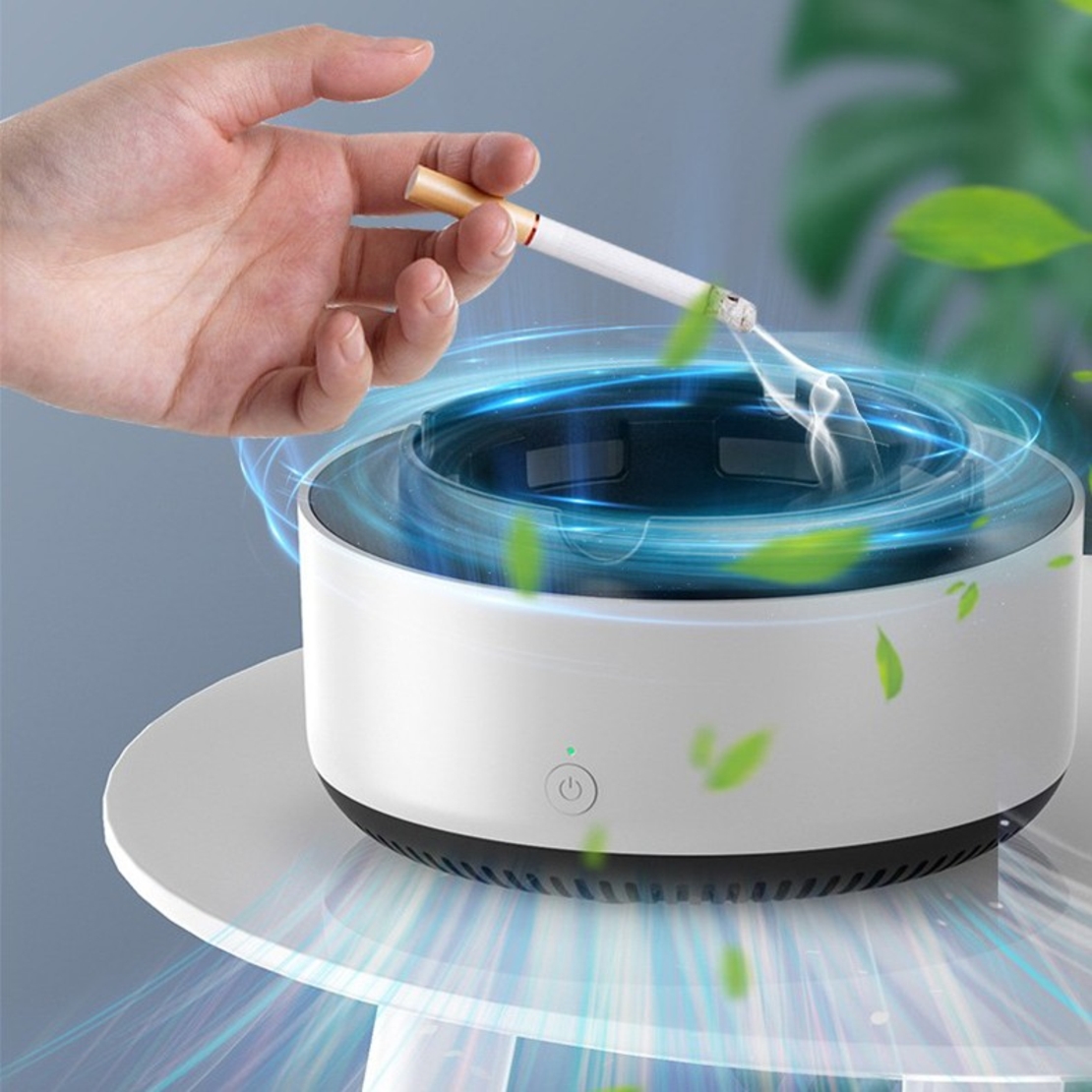 Scrumiera Multifunctionala cu Absorbtie, Flippy, Incarcare USB, cu Purificator de Aer, Scrumiera cu Absorbtie Fum, 14,5 x 14 x 7,5 cm, Gri