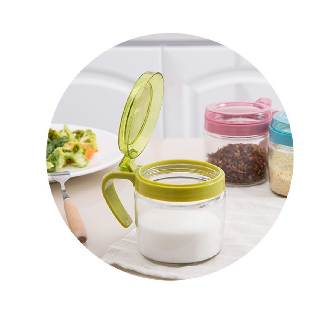 Recipient Condimente, Flippy, din Stilca, 180 ml, cu Maner si Lingurita, 8 x 9 cm, Capac Transparent, Verde