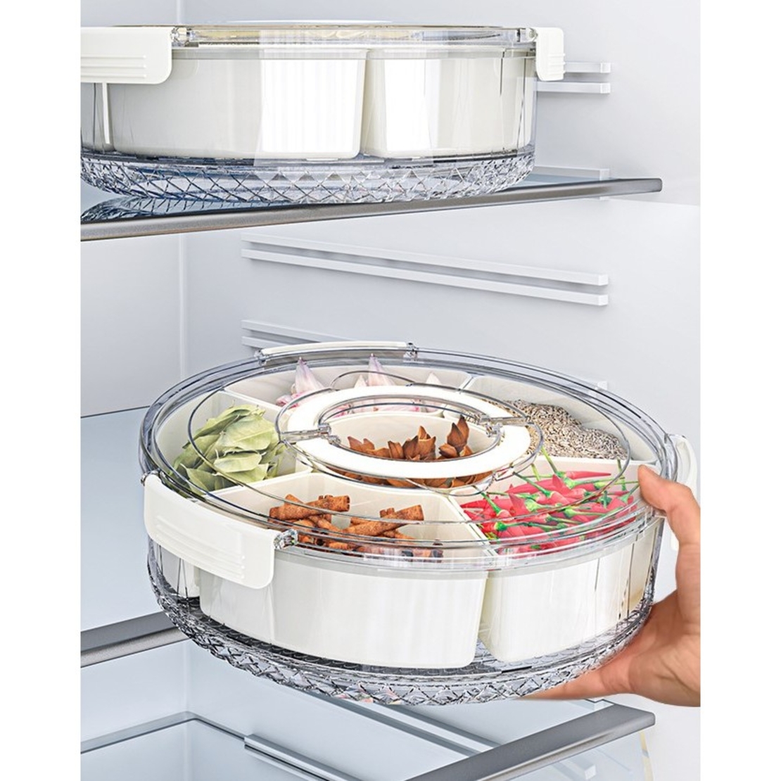 Cutie de Depozitare pentru Alimente, Flippy, cu 6 Compartimente, pentru Condimente, Fructe, Legume, cu Manere de Prindere, Rotativa 360 de Grade, Inchidere Ermetica, 32x8 cm, Alba