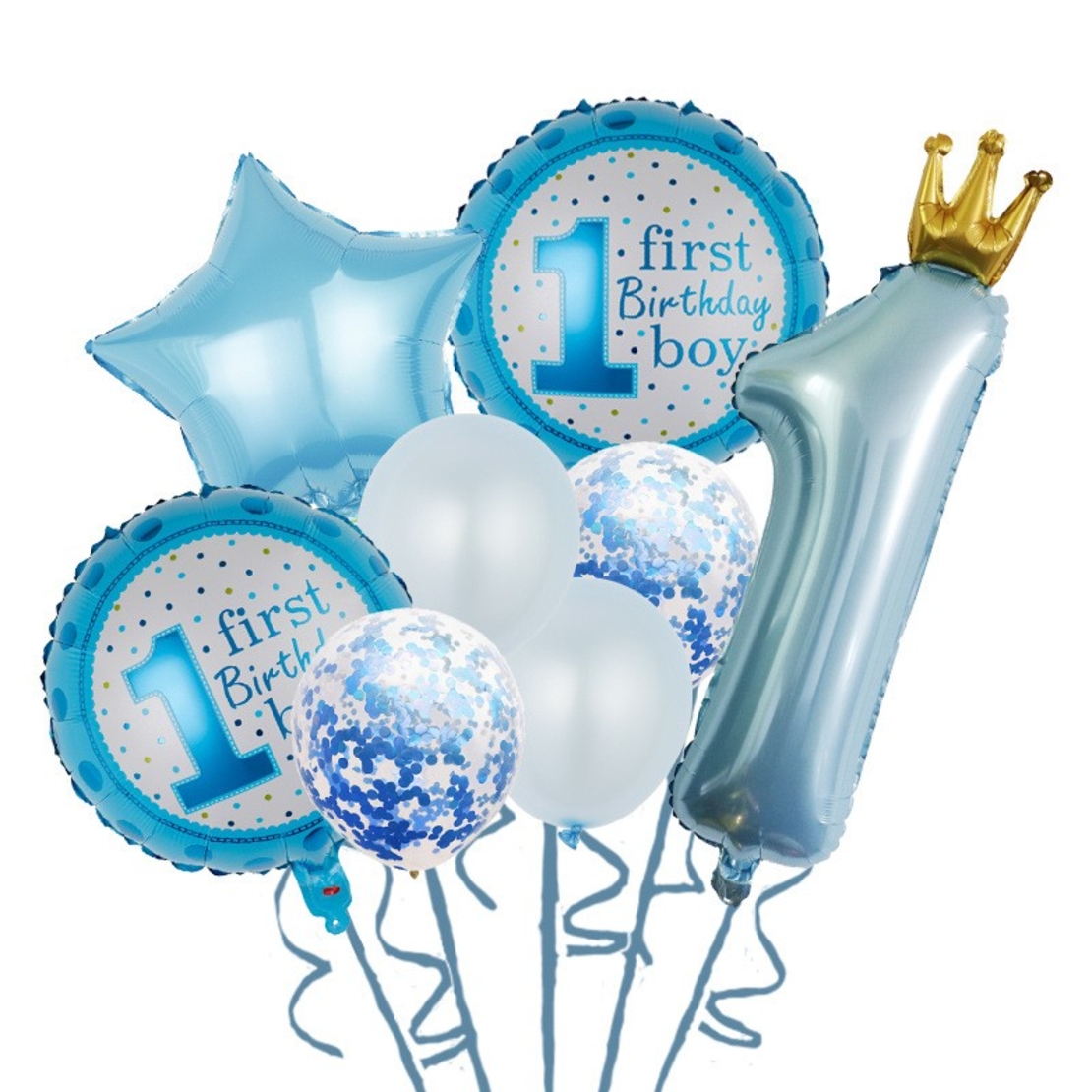 Set 8 Baloane din Folie Metalizată si din Latex, Flippy, Figurine Cifra 1 Printesa 91cm, Stea 45 cm si Cerc 55 cm, Baloane Latex 30 cm, Tema Prima Aniversare, Ambalaj Individual, Pai Inclus, Umflare cu Aer sau Heliu, Albastru