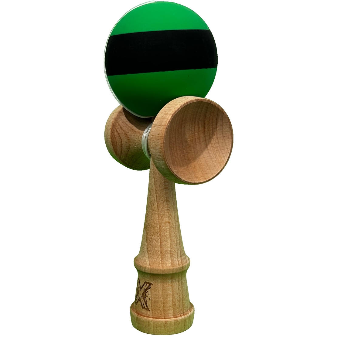 Kendama X Originala, Flippy, 18 cm, Profesionala, +9 Ani, din Lemn, Model cu Dunga, Negru/Verde