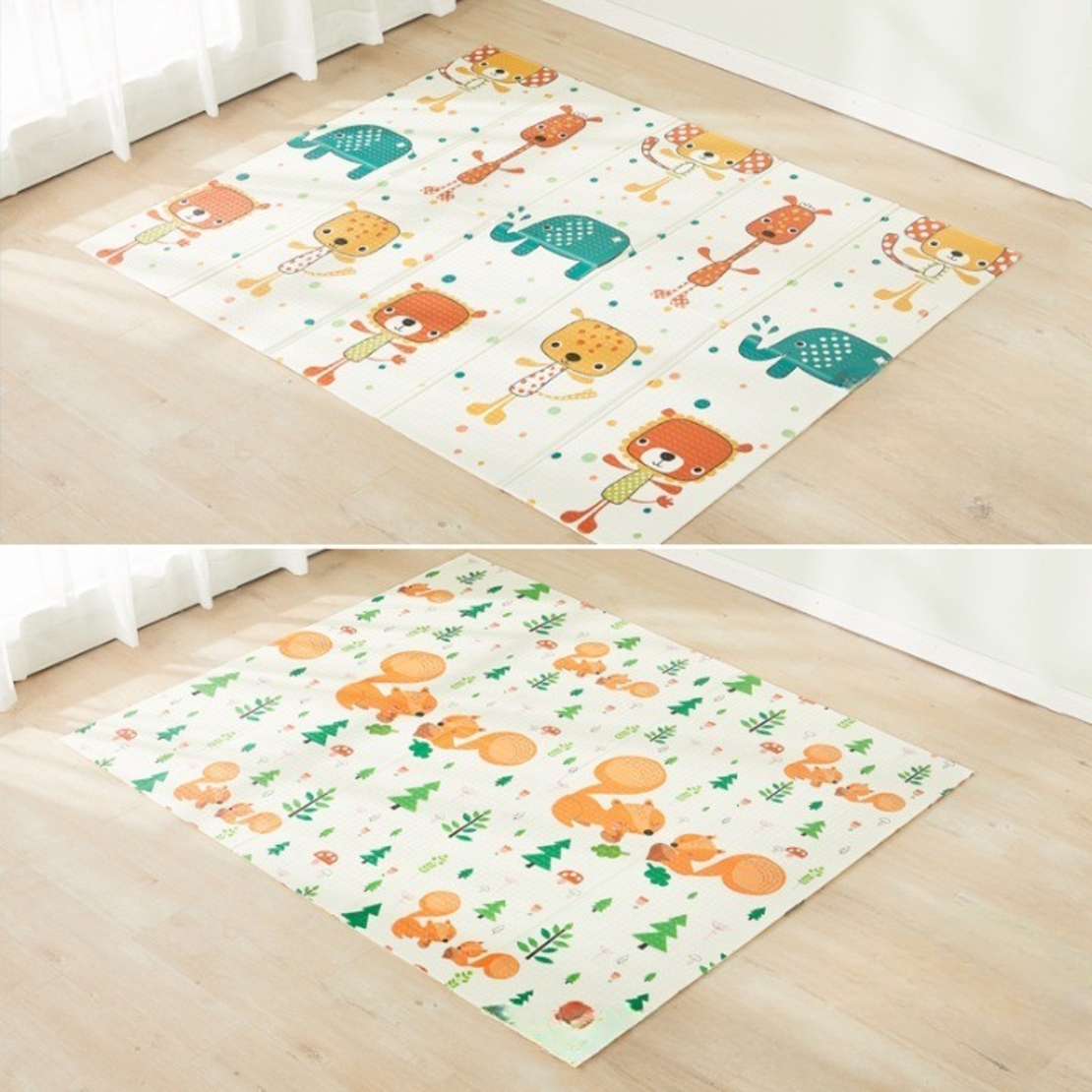 Covoras de Joaca pentru Copii Termic cu 2 Fete, Flippy, Model Veverite si Elefanti, cu Spuma, Impermeabil, Antiderapant, 200cm x 180cm x 1cm