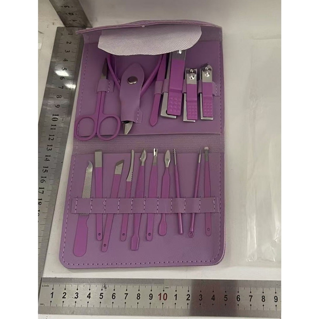 Set 16 Piese de Ingrijire Cosmetica, Flippy, pentru Manichiura, Pedichiura, Fata, Geanta Organizatoare din Piele Ecologica Inclusa, Mov