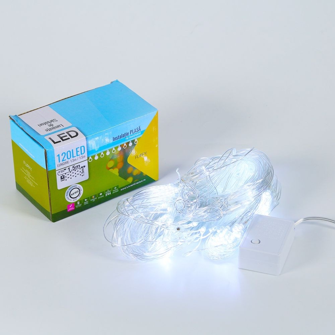 Instalatie de Craciun, Flippy®, Tip Plasa, 1.5 x 1.5 m, 120 LED-uri, Interconectabila, Alb Rece