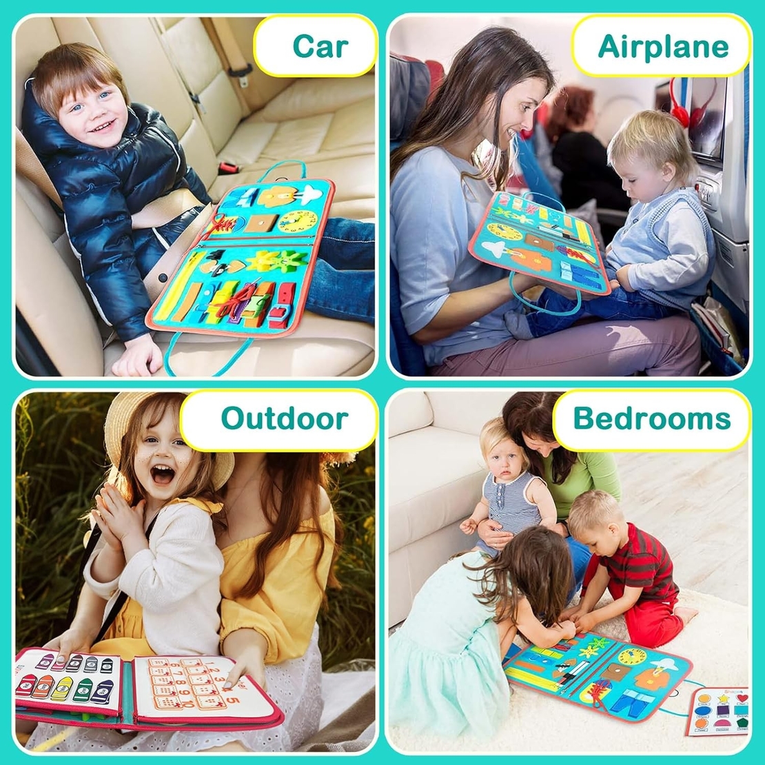 Carte Senzoriala Educativa Montessori, Flippy, cu Activitati, Dezvoltare Abilitati Motorii, 4 Pagini, Model Spatiu Cosmic, 28x22x7 cm, Albastru