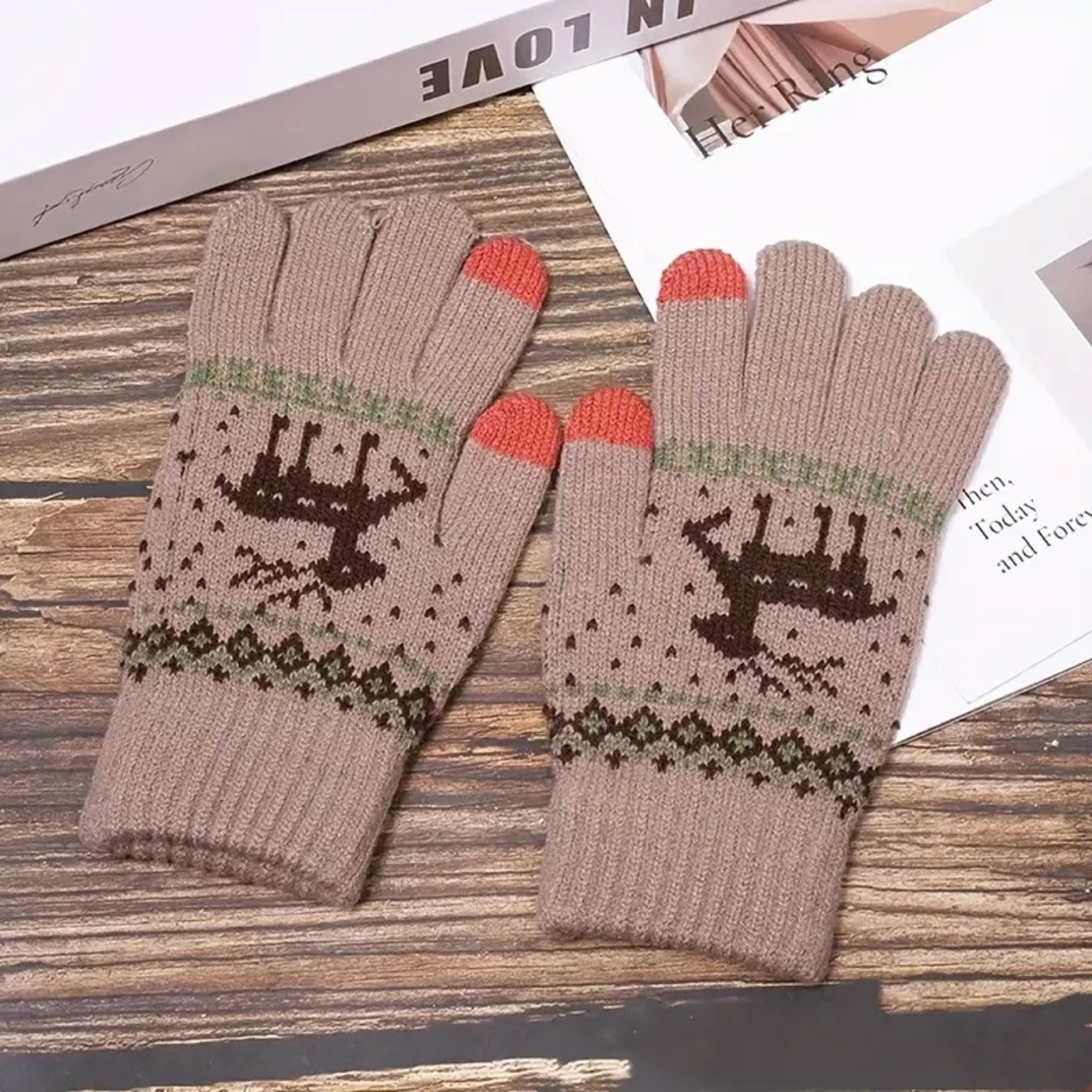 Manusi de Dama, Flippy, Model Ren, Functie Touchscreen (ecran tactil), Material Acril Tricotat, Manseta Elastica, Interior Catifelat, Marime Universala, Kaki