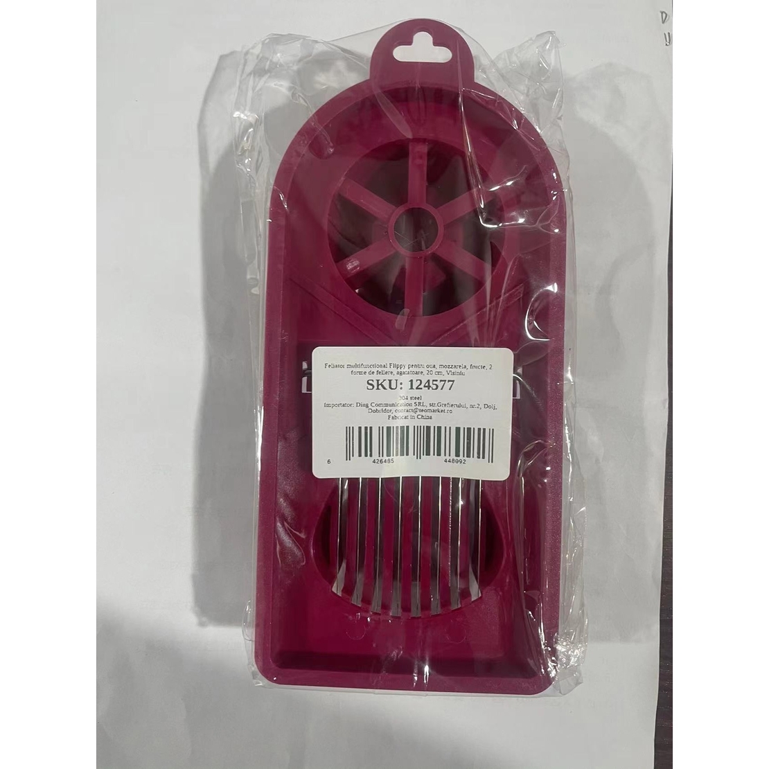 Feliator multifunctional Flippy pentru oua, mozzarela, fructe, 2 forme de feliere, agatatoare, 20 cm, Visiniu