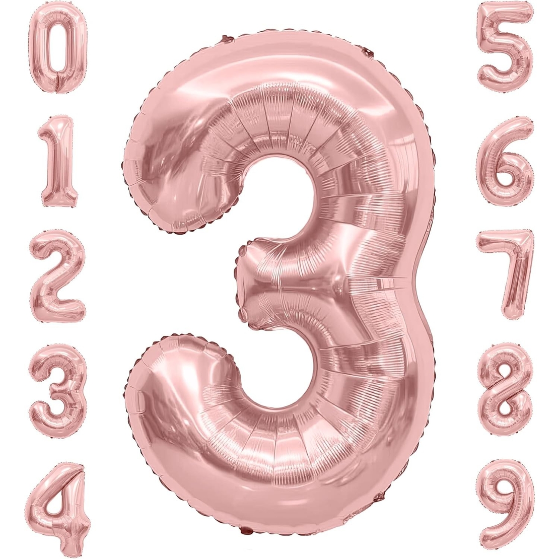 Balon din Folie Metalizata Flippy, Figurina Cifra, Tema Aniversare 80 cm, Ambalaj Individual, Pai inclus, Umflare cu Aer sau Heliu, Rose Gold, Cifra 3