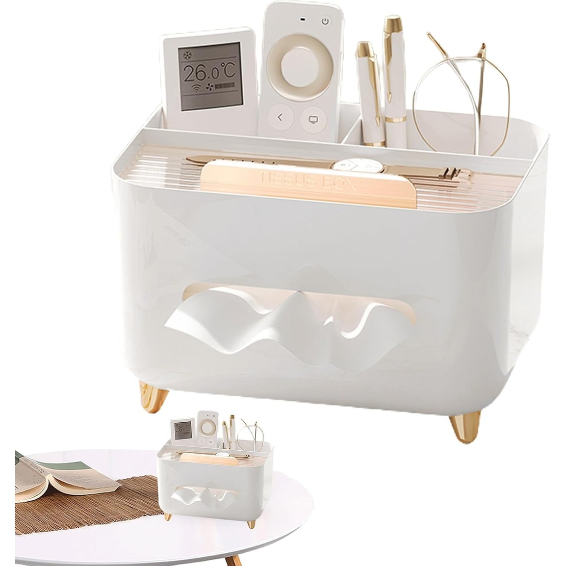 Suport pentru Servetele, Flippy, Cutie Multifunctionala, Design Minimalist, ABS, cu Suport pentru Obiectele Personale, pentru Birou, 21x15x13 cm, Alb