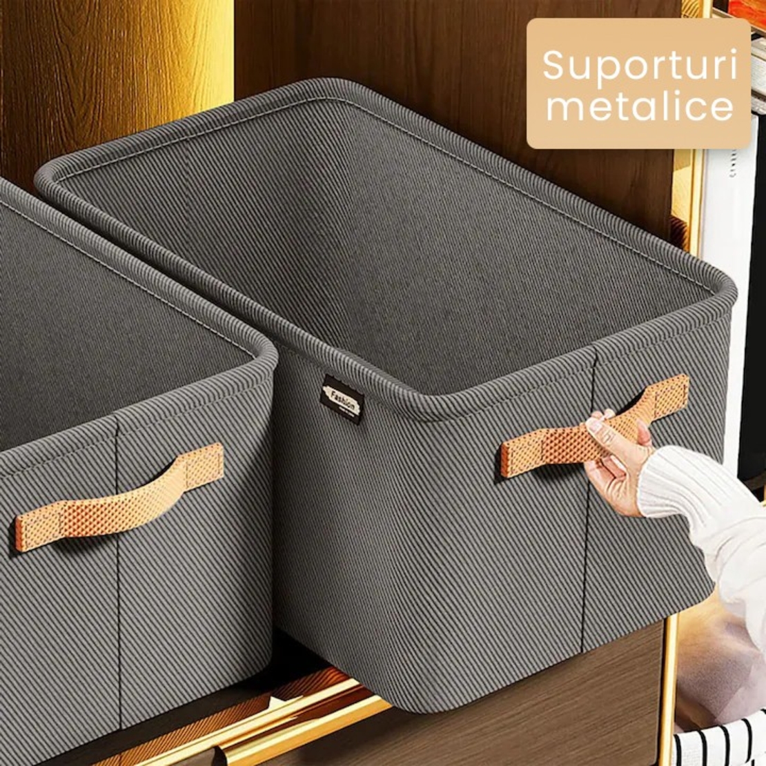 Cutie Depozitare Flippy, pentru Haine, lucruri, din Textil cu Cadru Metalic, Manere Laterale, forma Dreptunghiulara, 35 x 25 x 22cm, volum 19 L, Gri