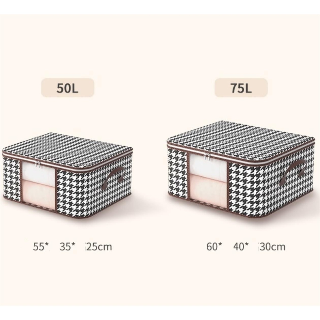 Cutie de Depozitare Pliabila, Flippy, 55x35x25 cm, 50 L, Fereastra Frontala, cu Fermoar Bidirectional, Suport Baza Stabil, Imprimeu in Carouri, Alb/Negru