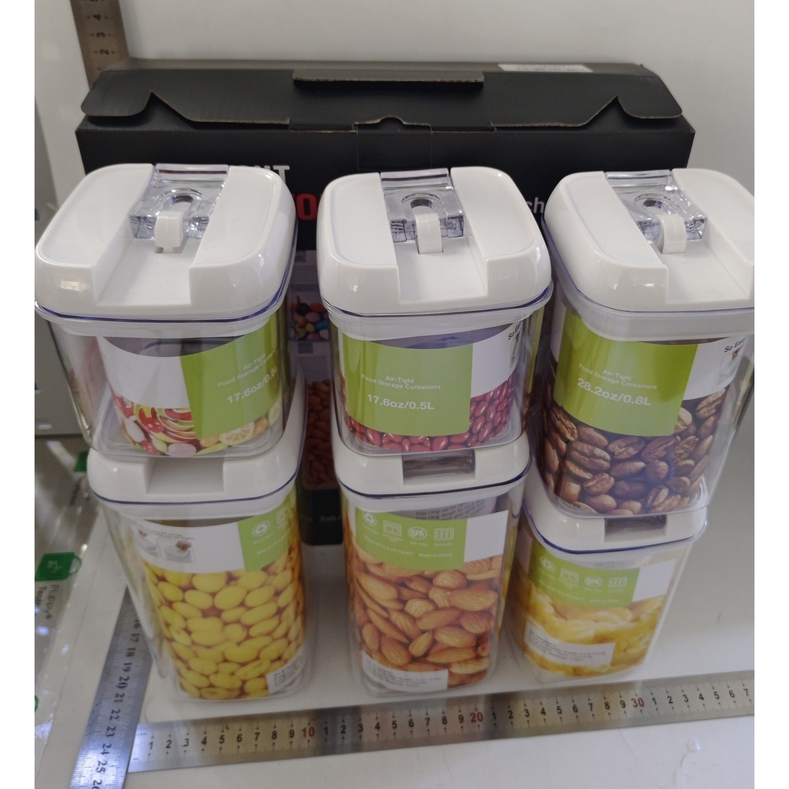 Set 6 Recipiente din Plastic, Flippy, pentru Alimente/Obiecte, Inchidere Ermetica, 2 x 0.5l, 2 x 0.8l, 2 x 1.2l, Capac Alb, Transparent