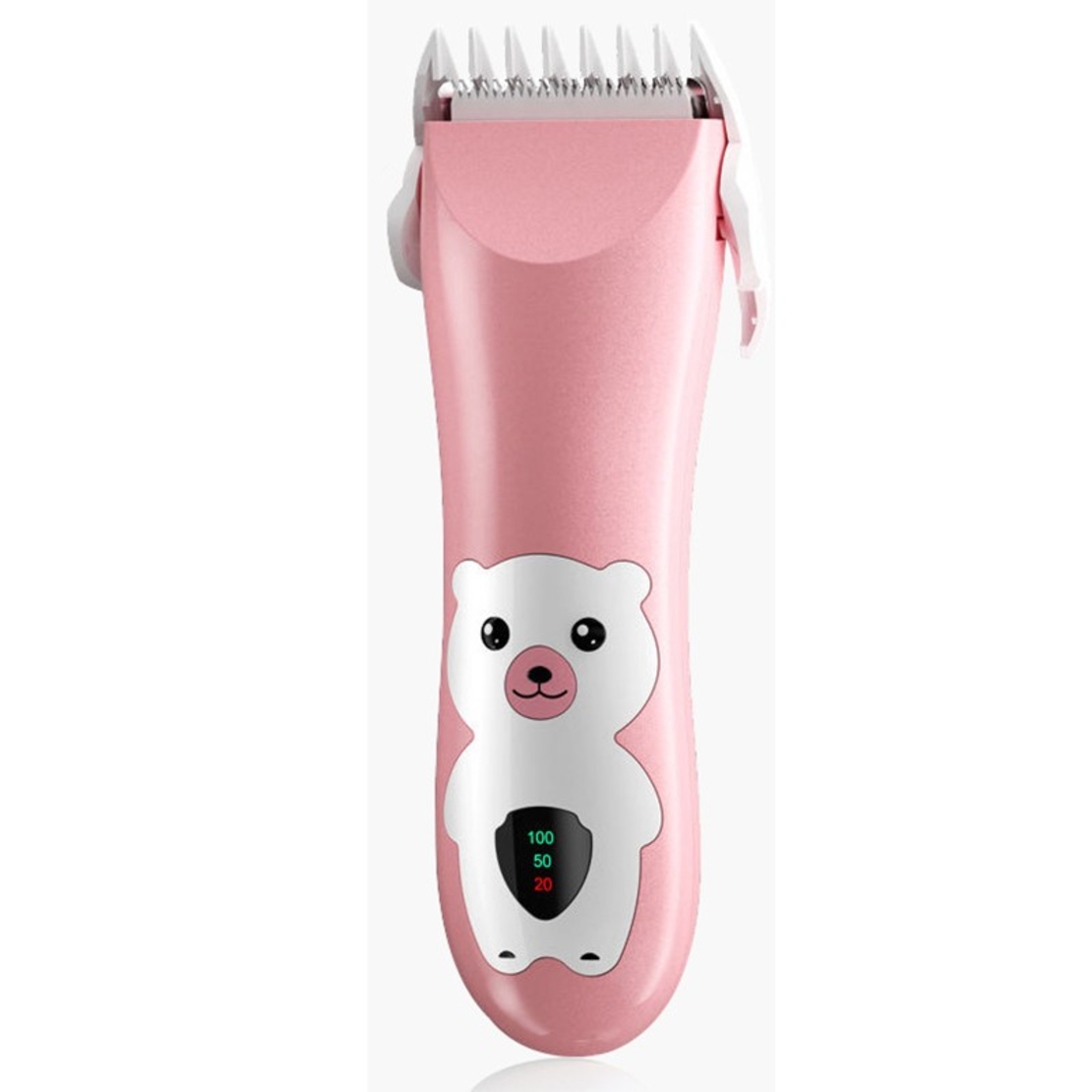 Masina De Tuns Bebelusi si Copii, Flippy, Display Digital, Lame Cermice si Inox, Fara Fir, Functie Anti Taiere, Silentios, 50 W, Rezistent la Apa, 2 Accesorii, Incarcator USB, Model Ursulet, Roz
