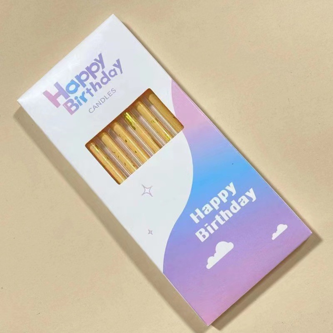 Set 6 Lumanari Lungi, Flippy, din Parafina, 10 x 0.5 cm, Happy Birthday, Bej