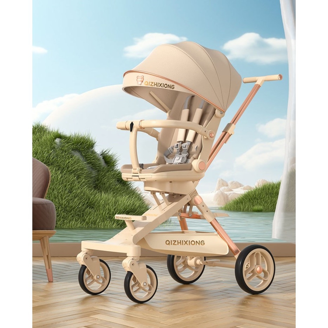 Carucior Sport Flippy 3in1, 6-36 Luni, Pliabil, Tavita pentru Masa, Pat de Dormit, Centura de Siguranta, Roti 360 Grade, Reversibil, Parasolar, Maner Reglabil, 64 x 35 x 100 cm, Bej