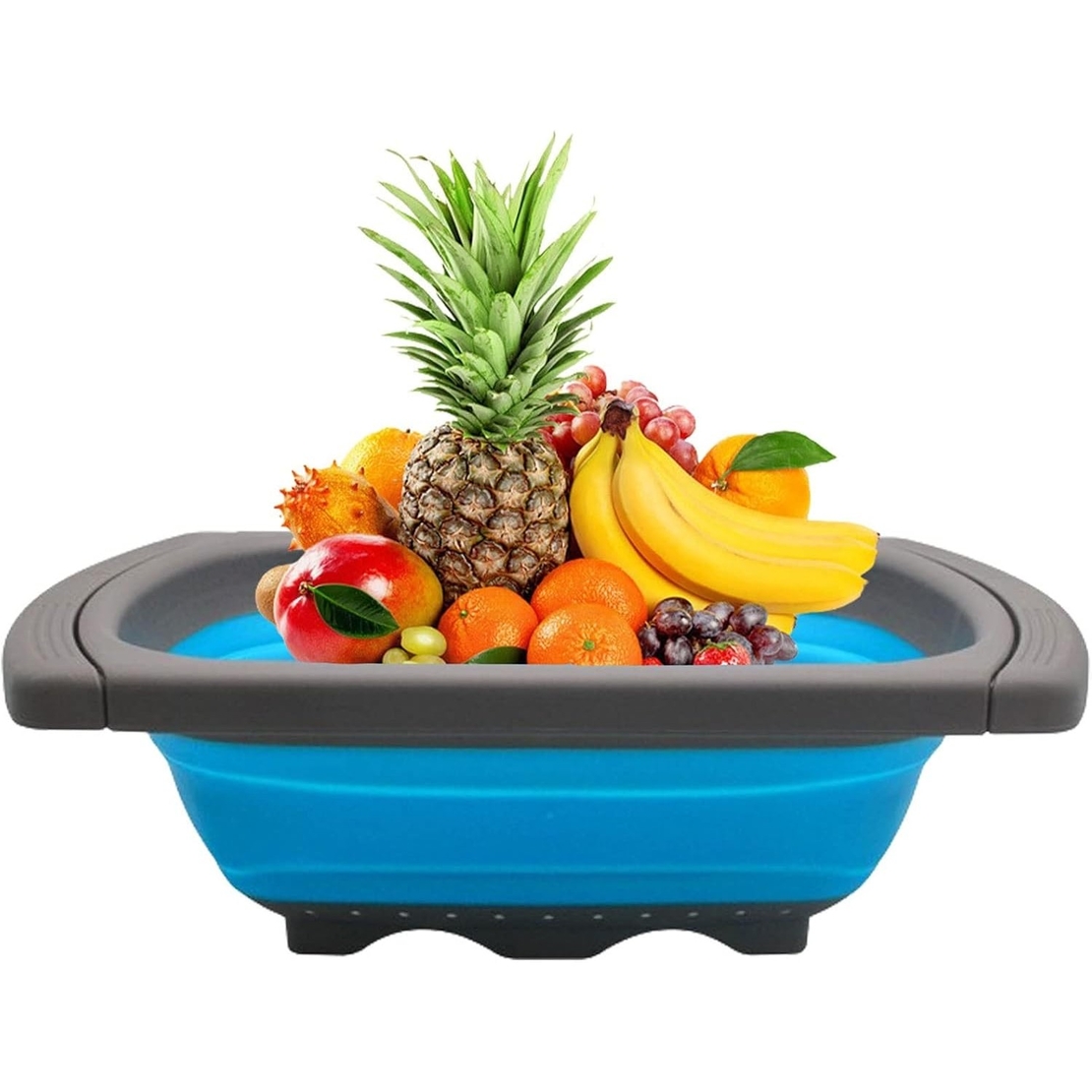 Cos de Scurgere Retractabil pentru Chiuveta, Flippy, cu Filtru, pentru Fructe si Legume, de Uz Casnic, 39x12 cm, Design Extensibil pana la 61 cm, cu Manere de Prindere, Albastru