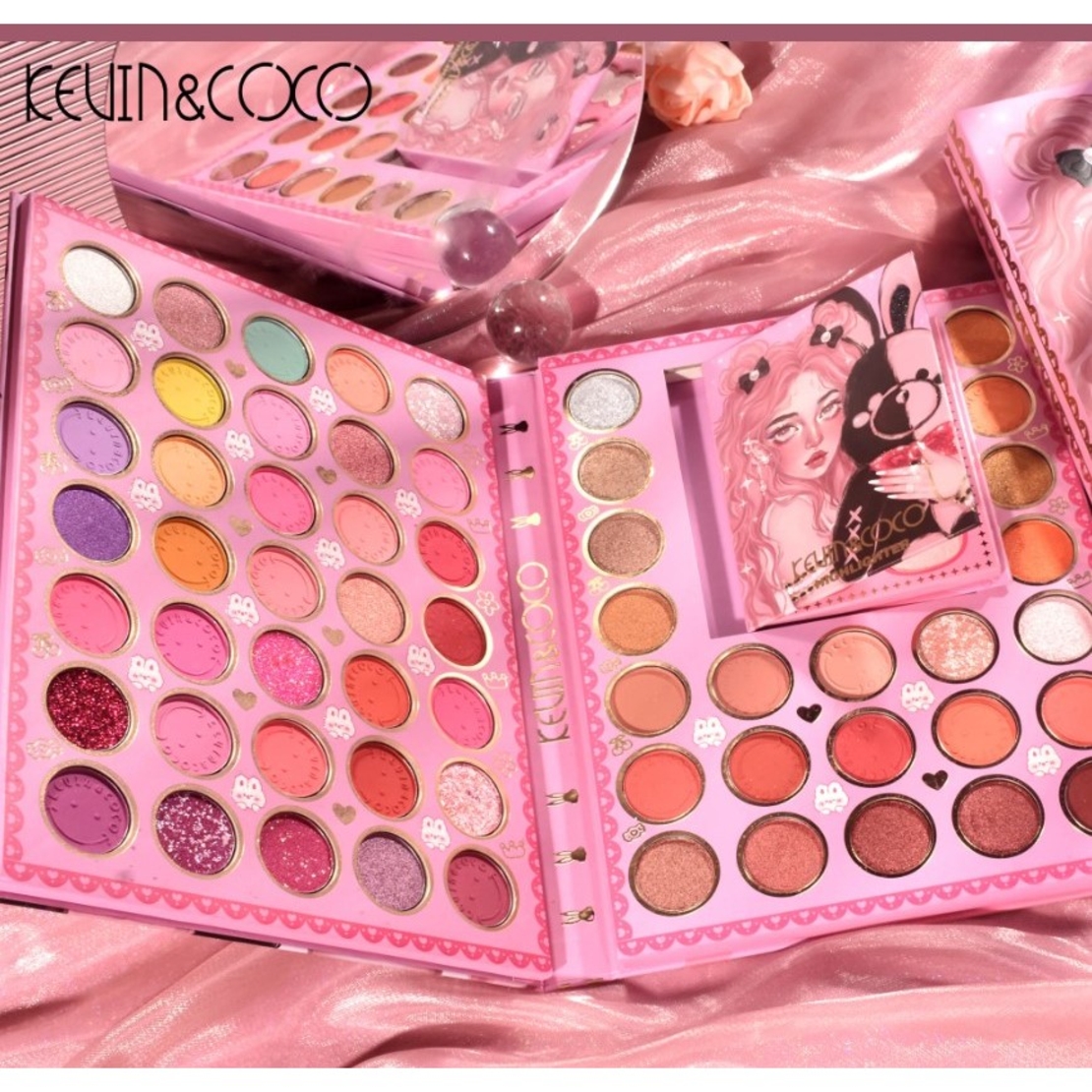 Set farduri 2 in 1 Kevin&Coco, paleta 62 nuante, mini paleta iluminator tip carte, rezistenta ridicata, 22 x 17 cm, 430 g, multicolor