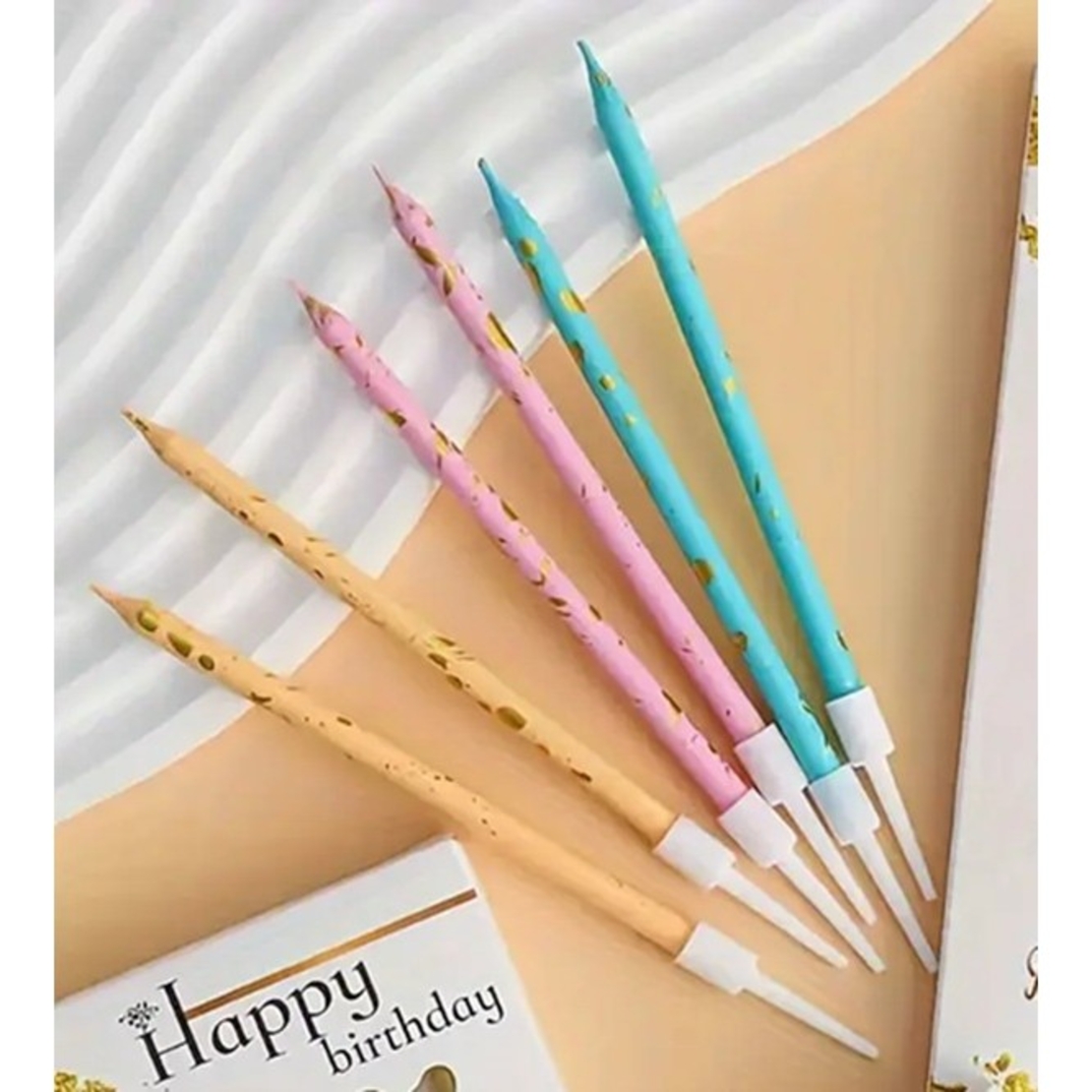 Set 6 Lumanari Lungi, Flippy, din Parafina, 10 x 0.5 cm, Happy Birthday, Roz