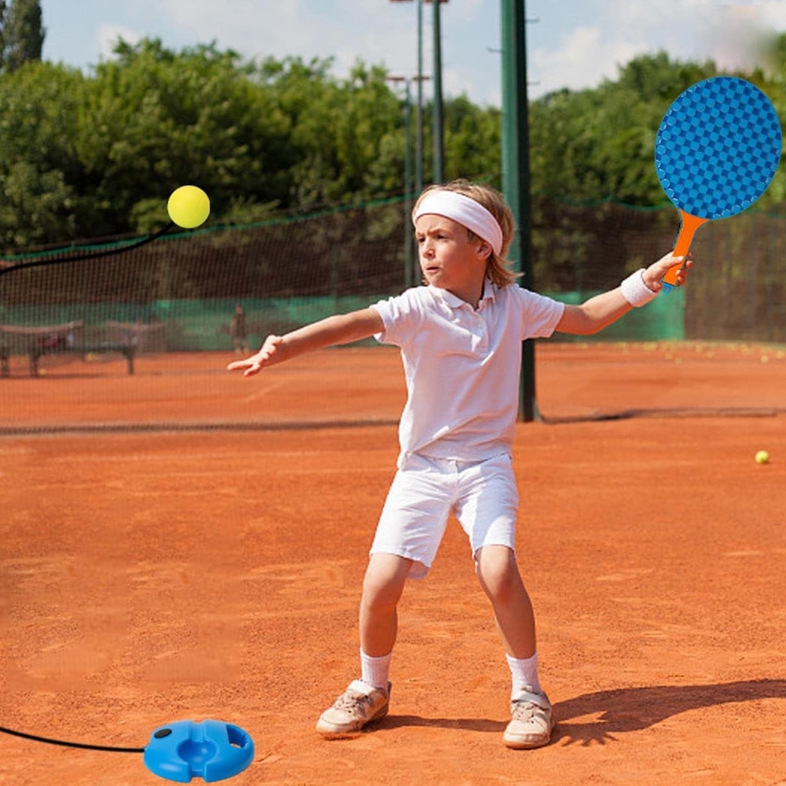 Set Badminton pentru Copii, Flippy, Doua Palete, Fluturas, 2 Mingi, Minge cu Elastic pentru Antrenament, Suport de Prindere Stabil, 41x23 cm, Albastru Portocaliu