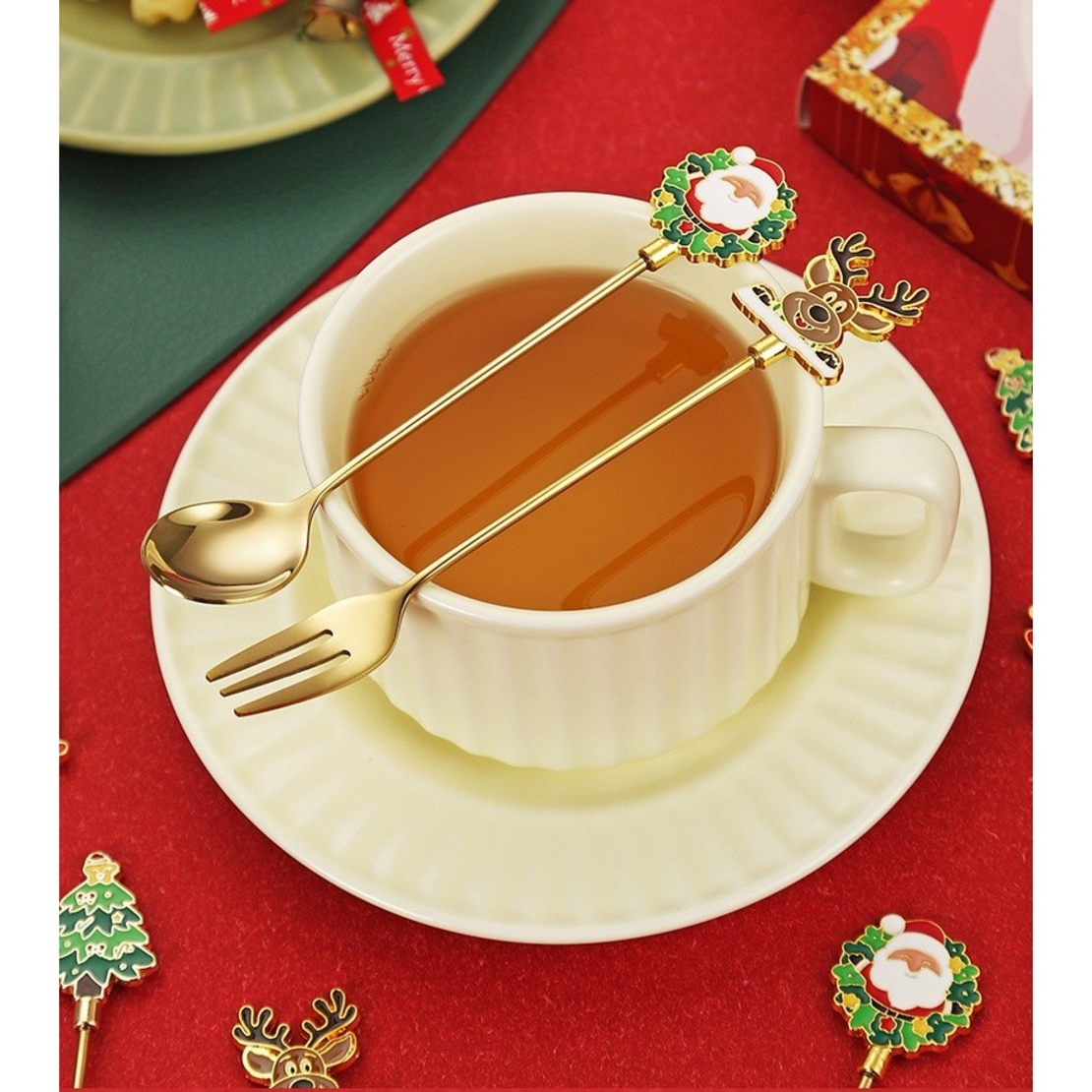 Set 4 Furculite, Flippy, Tema Craciun, Model Carry The Merry, 4 Modele, din Otel Inoxidabil, 19.5 x 16 x 2 cm, Multicolor