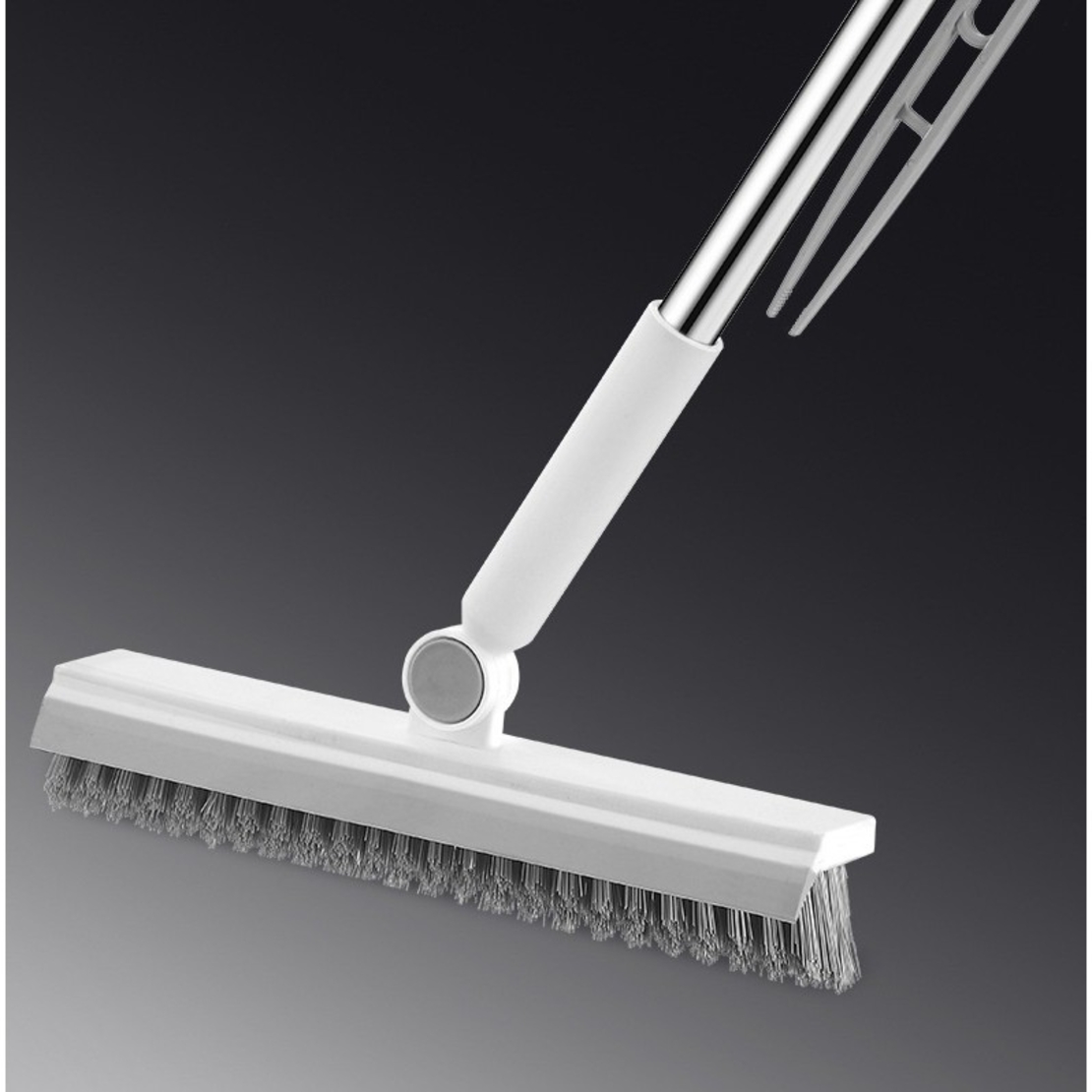 Perie de Curatare pentru Podele si Rosturi, Flippy, Lungime Maner 105 cm, Capat Pivotant 180 Grade, Peri din PP, Otel si Plastic, Cleste pentru Scame si Par Inclus, Alb