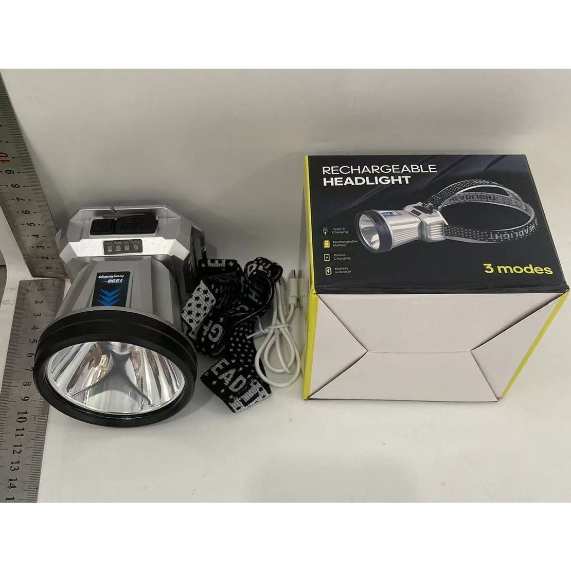Lanterna Power Bank LED, Flippy, cu Suport pentru Cap, Incarcare USB, Raza 100-200m, 5W, 3 Trepte de Lumina, Afisaj Baterie, Argintiu