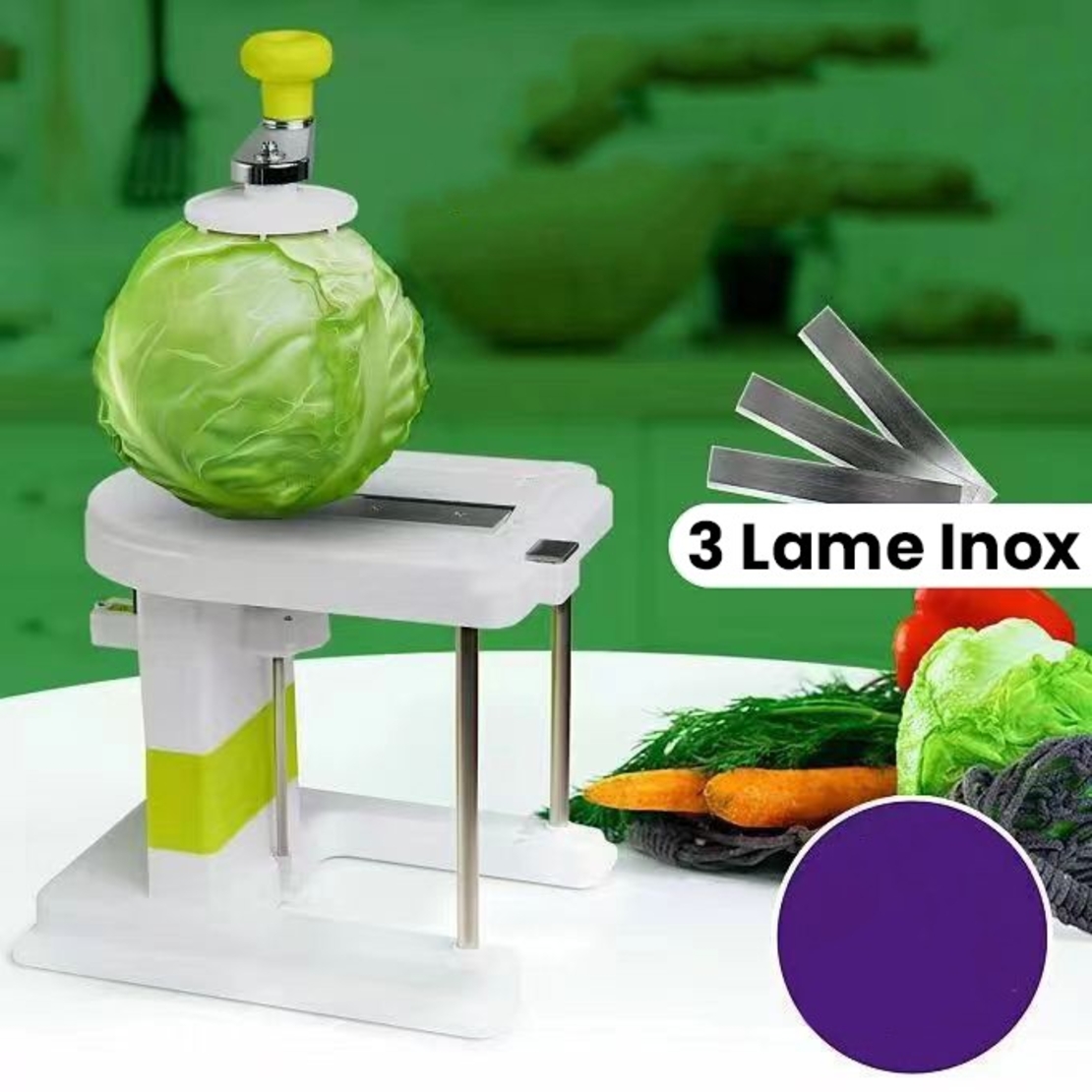Masina Manuala pentru Maruntit Varza, Flippy, cu Maner Rotativ, Lame din Inox, Corp din Plastic, pentru Legume si Fructe, 20 x 20 x 15 cm, Alb