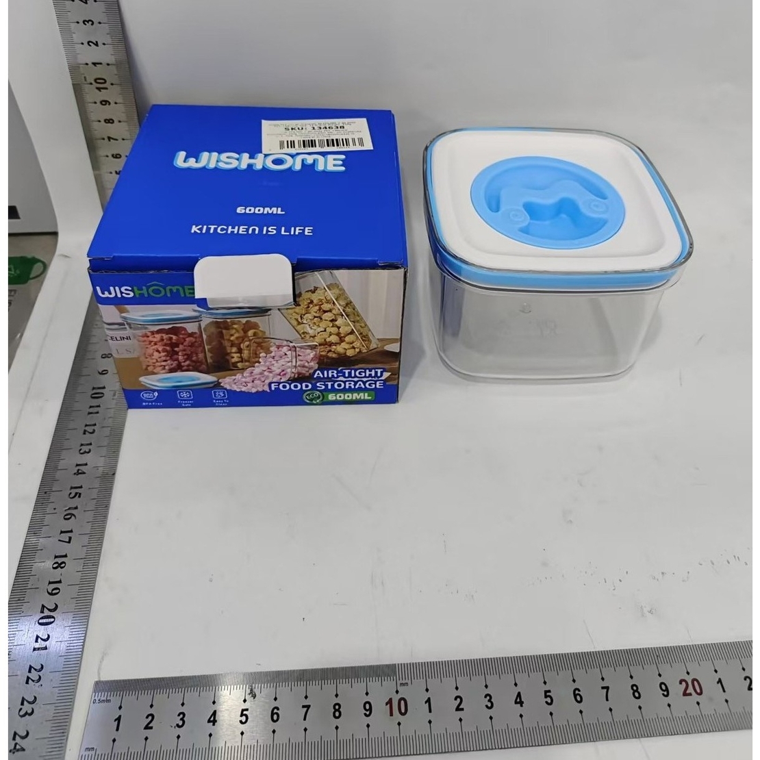 Cutie de Depozitare pentru Bucatarie, Flippy, 600 ml, din ABS+PET+Silicon, Capac Alb/Albastru, 11.5 x 8 x 8 cm, Transparent