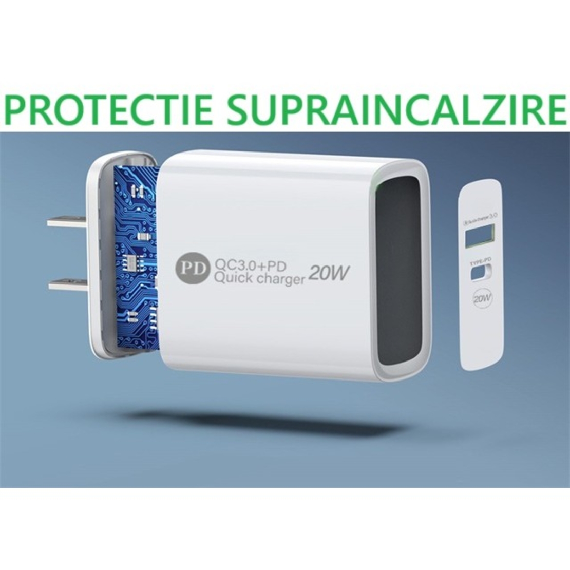 Incarcator Rapid PD QC3.0, Flippy, 2 Porturi, USB + Type C, 20W, Incarcare Rapida, Protectie Supraincalzire, 9.5 x 5.3 x 5.8 cm, Alb