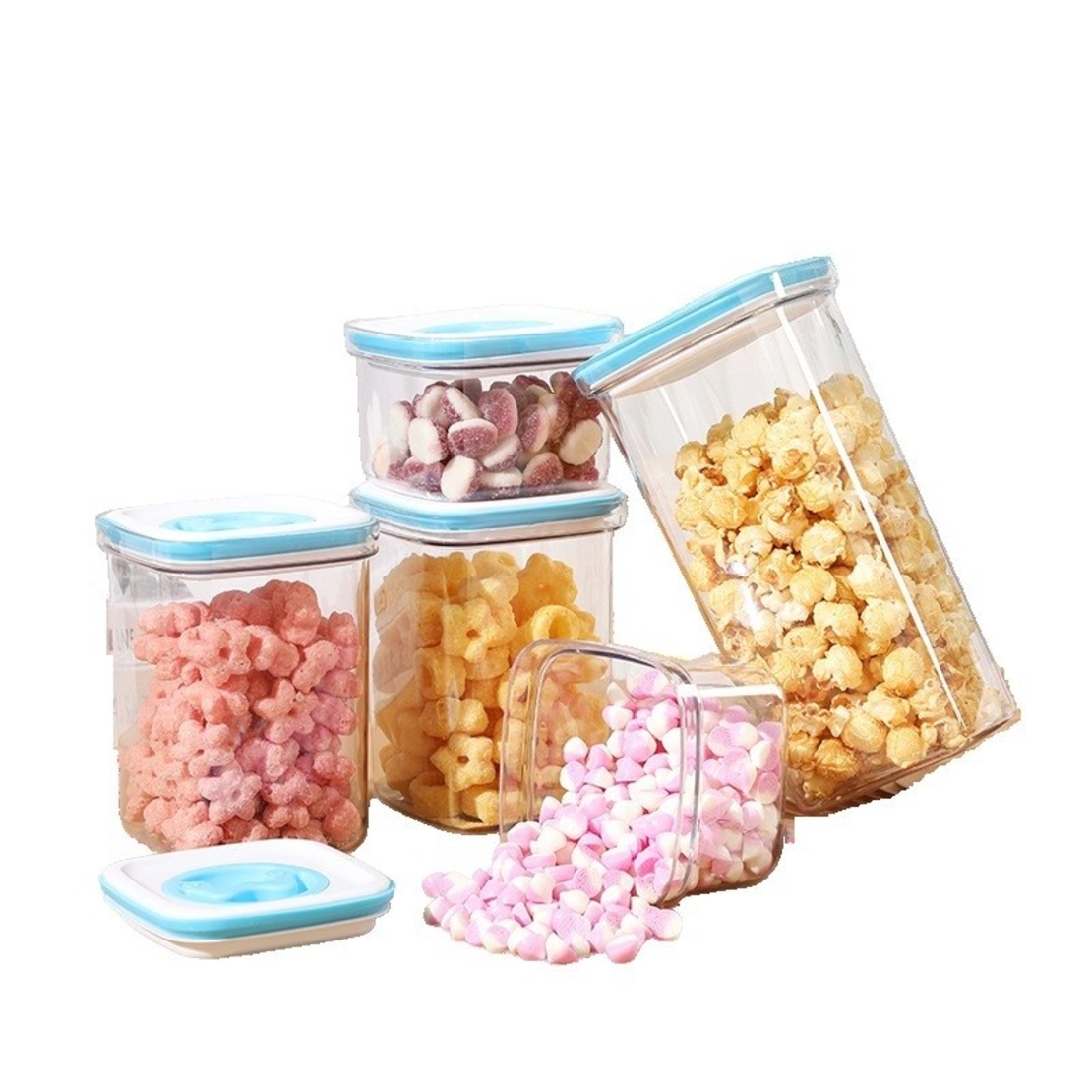 Set 5 Cutii de Depozitare pentru Bucatarie, Flippy, 2 x 600ml, 2 x 1.3L, 1 x 2L, din ABS+PET+Silicon, Capac Alb/Albastru, 23 x 10 x 10 cm, Transparent