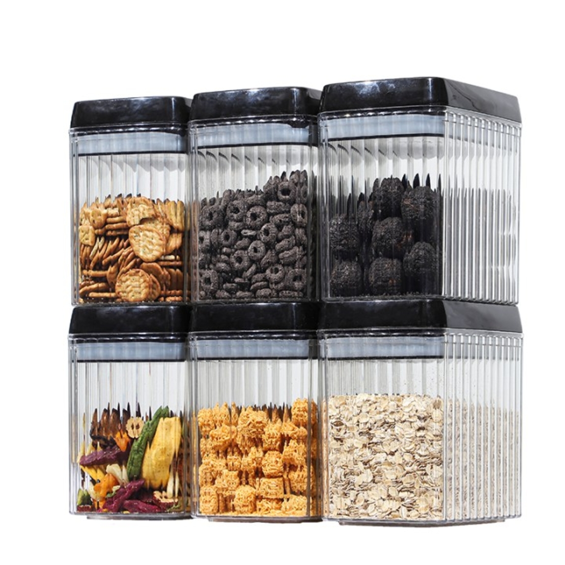 Set 6 Recipiente din Plastic, Flippy, pentru Alimente/Obiecte, Inchidere Ermetica, Textura Ondulata, 6 x 1.5l, Transparent