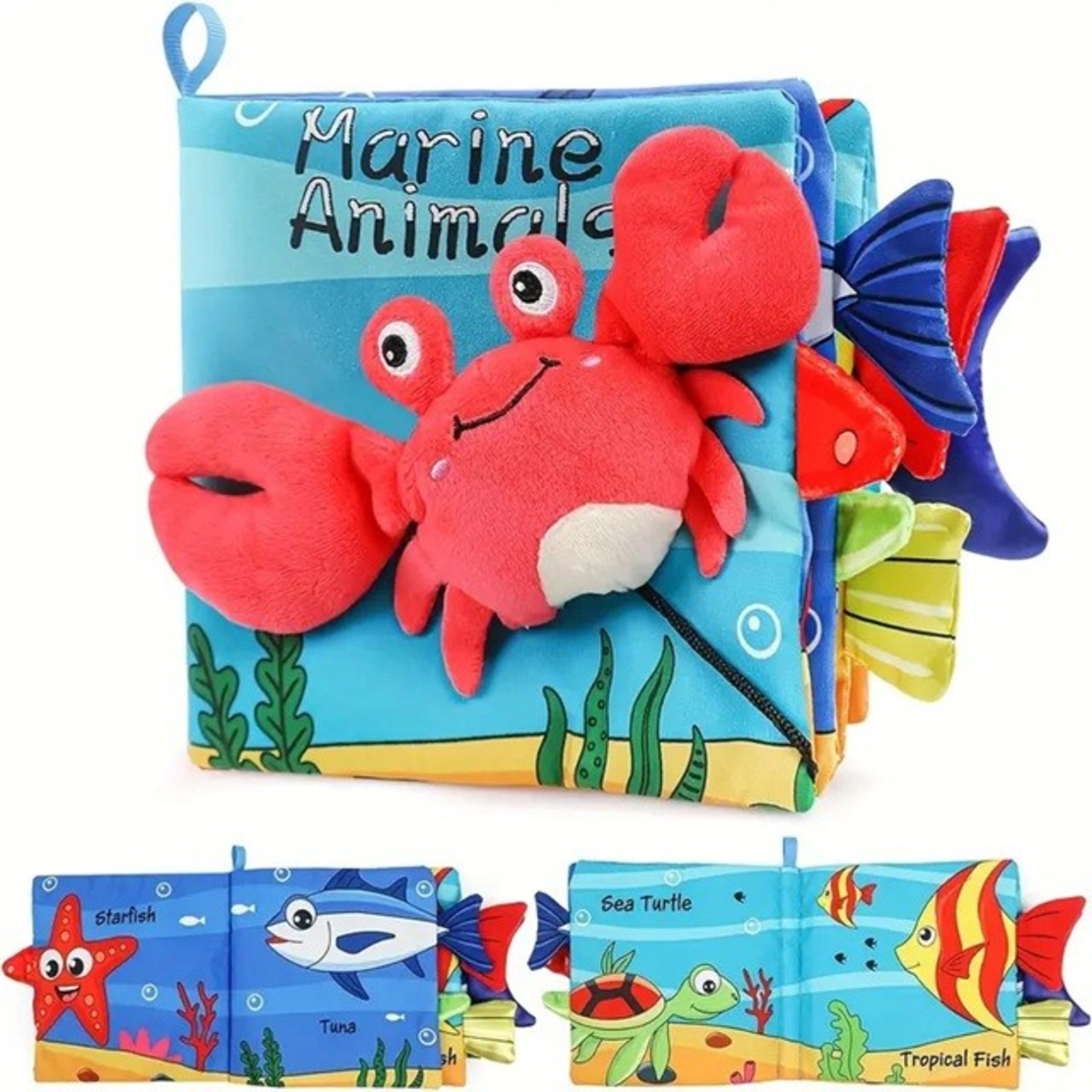 Carte Senzoriala, Flippy, pentru Bebelusi, 15x16x4 cm, cu Animalute, 3D, Cu Sunete si Fosnete, 0-3 Ani, Model Crab, Multicolor