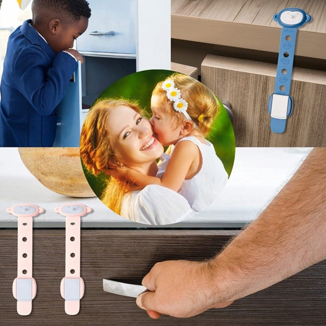 Siguranta pentru Usi Copii, Flippy, Sistem de Blocare Sertare, Dulap, Frigider, Adeziv, cu Sistem de Inchidere Dublu, Model Maimutica, Albastru