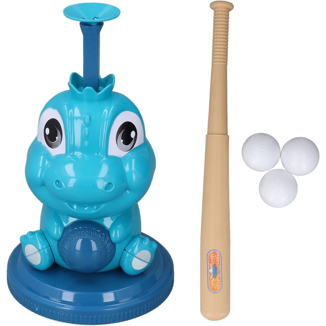 Set de Baseball 5 Piese pentru Copii, Flippy, Jucarie Dinosaur Press, 14x23 cm, Verde/Albastru